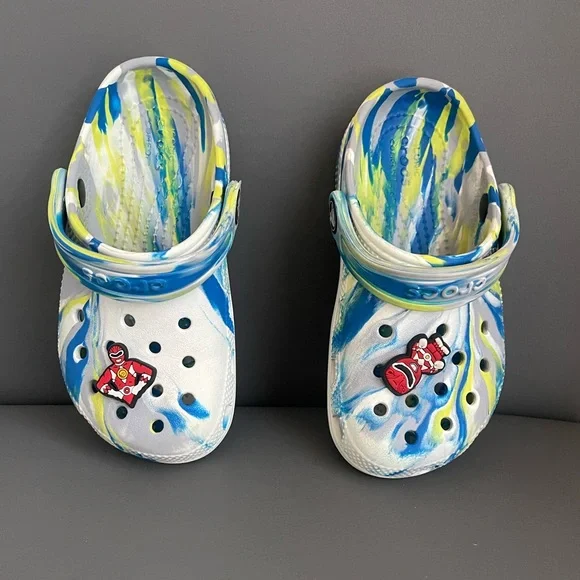 Crocs Kids Classic Marble Clog Blue/Lime/White Dye Power Ranger Jibbitz Size 10C - Picture 9 of 13